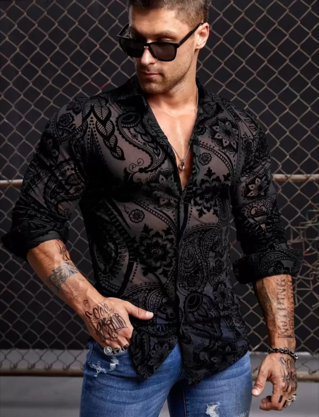 Men's Black Sheer Floral Printed Slim Fit Shirt